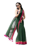 Jashiyaa SARADA HANDLOOM Traditional Mul Cotton Saree with Pink Pom Pom Border, Dark Green and Pink, Gold Zari Border, Festival Wear