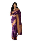 Jashiyaa Soft Silk Saree for Women | Gold Coin Butti Body with Heavy Temple Border Zari Weave (Dark purple, Free Size)