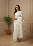 Jashiyaa BRYNBRIT Women's Traditional Tant Cotton Saree with Blouse Piece White_Embrodary