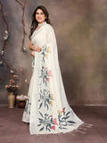 Jashiyaa THE STYLE SANCTUARY TSS | Stylish Cotton Linen Digital Printed Saree with Blouse Piece | Soft & Lightweight Saree for Women (WHITE)