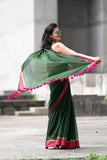 Jashiyaa SARADA HANDLOOM Traditional Mul Cotton Saree with Pink Pom Pom Border, Dark Green and Pink, Gold Zari Border, Festival Wear