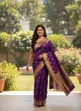 Jashiyaa Soft Silk Saree for Women | Gold Coin Butti Body with Heavy Temple Border Zari Weave (Dark purple, Free Size)