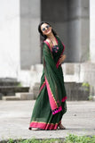 Jashiyaa SARADA HANDLOOM Traditional Mul Cotton Saree with Pink Pom Pom Border, Dark Green and Pink, Gold Zari Border, Festival Wear