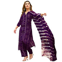 Jashiya ANNI DESIGNER Women's Rayon Blend Straight Bandhej Printed Kurta with Pant & Dupatta