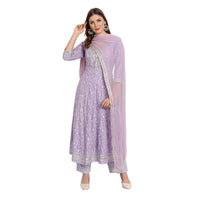 Jashiya Rangnavi Women Rayon Anarkali Embroidered Printed Kurta Pant and Dupatta Set Purple