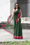 Jashiyaa SARADA HANDLOOM Traditional Mul Cotton Saree with Pink Pom Pom Border, Dark Green and Pink, Gold Zari Border, Festival Wear