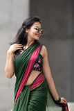 Jashiyaa SARADA HANDLOOM Traditional Mul Cotton Saree with Pink Pom Pom Border, Dark Green and Pink, Gold Zari Border, Festival Wear