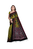 Jashiya Quetzal Women's Sambalpuri Ganga Jununa Printed Cotton Saree with Unstitched Blouse (Olive Green)