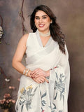Jashiyaa THE STYLE SANCTUARY TSS | Stylish Cotton Linen Digital Printed Saree with Blouse Piece | Soft & Lightweight Saree for Women (WHITE)