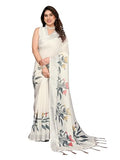 Jashiyaa THE STYLE SANCTUARY TSS | Stylish Cotton Linen Digital Printed Saree with Blouse Piece | Soft & Lightweight Saree for Women (WHITE)