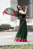 Jashiyaa SARADA HANDLOOM Traditional Mul Cotton Saree with Pink Pom Pom Border, Dark Green and Pink, Gold Zari Border, Festival Wear