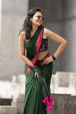 Jashiyaa SARADA HANDLOOM Traditional Mul Cotton Saree with Pink Pom Pom Border, Dark Green and Pink, Gold Zari Border, Festival Wear