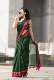 Jashiyaa SARADA HANDLOOM Traditional Mul Cotton Saree with Pink Pom Pom Border, Dark Green and Pink, Gold Zari Border, Festival Wear