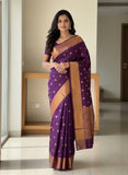 Jashiyaa Soft Silk Saree for Women | Gold Coin Butti Body with Heavy Temple Border Zari Weave (Dark purple, Free Size)