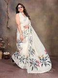 Jashiyaa THE STYLE SANCTUARY TSS | Stylish Cotton Linen Digital Printed Saree with Blouse Piece | Soft & Lightweight Saree for Women (WHITE)