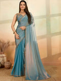 Jashiyaa Shri Hari Sarees Women's Soft Frandy Silk Saree With Hand Work Lace Boarder & Comes With Unstitched Blouse Piece Chava (Light Blue with Gold Dual Tone)
