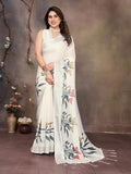 Jashiyaa THE STYLE SANCTUARY TSS | Stylish Cotton Linen Digital Printed Saree with Blouse Piece | Soft & Lightweight Saree for Women (WHITE)