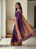 Jashiyaa Soft Silk Saree for Women | Gold Coin Butti Body with Heavy Temple Border Zari Weave (Dark purple, Free Size)