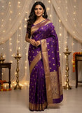 Jashiyaa Soft Silk Saree for Women | Gold Coin Butti Body with Heavy Temple Border Zari Weave (Dark purple, Free Size)