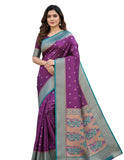 Jashiyaa Soft Silk Saree for Women | Purple with Teal Floral Work & Crescent Moon Buttis