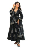 Jashiya KLOSIA Women Printed Anarkali Kurta and Pant with Dupatta Set (in, Alpha, 2XL, Black)