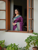 Jashiyaa Soft Silk Saree for Women | Purple with Teal Floral Work & Crescent Moon Buttis
