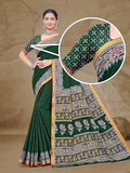 Jashiyaa Women's Hand Block Print Pure Malmal Saree with Gadwal Chanderi Resham Heavy Zari Border & Unstitched Blouse Piece Green