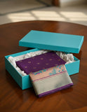 Jashiyaa Soft Silk Saree for Women | Purple with Teal Floral Work & Crescent Moon Buttis