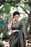 Jashiya SGF11 Women's Kanjivaram Zari Woven Silk Saree With Unstitched Blouse Piece Dark Green