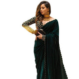 Jashiyaa LADY SHOPI Women's Velvet Embroidered Saree Rency BGreen