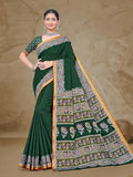 Jashiyaa Women's Hand Block Print Pure Malmal Saree with Gadwal Chanderi Resham Heavy Zari Border & Unstitched Blouse Piece Green