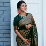 Jashiya SGF11 Women's Kanjivaram Zari Woven Silk Saree With Unstitched Blouse Piece Dark Green