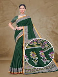 Jashiyaa Women's Hand Block Print Pure Malmal Saree with Gadwal Chanderi Resham Heavy Zari Border & Unstitched Blouse Piece Green