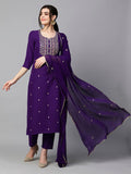 Jashiya GoSriKi Women's Cotton Blend Embroidered Straight Kurta with Pant & Dupatta