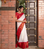 Jashiyaa Flosive Women's Present Banarasi Soft Lichi Silk Saree Beautiful Jacquard Rich Pallu Design Work Zari Woven Kanjivaram Silk Style Saree With Soft Lichi Silk Blouse Piece Ayn Royal White & Red