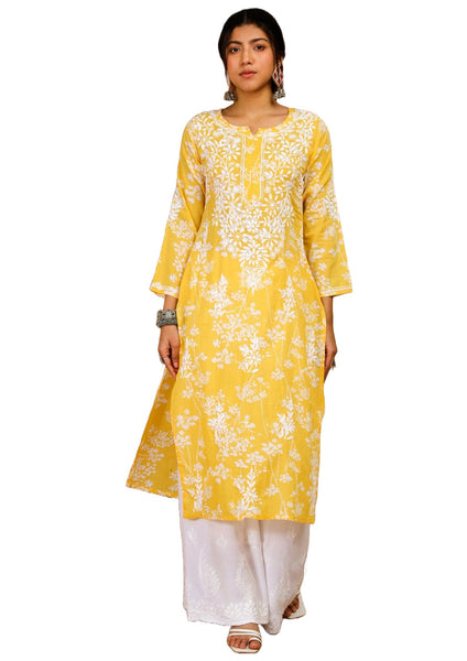 Jashiya GoSriKi Women's Cotton Blend Chikankari Embroidered Straight Kurta