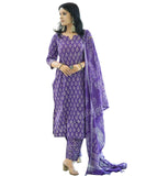 Jashiya MEERA FAB Women's Cotton Printed Straight Kurta with Palazzo & Dupatta Set Purple