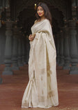 Jashiyaa Sugathari Women's Beige Banarasi Kanchipuram Art Silk Saree for Women – Traditional Wedding & Party Saree with Blouse Piece – Ethnic Indian Silk Saree for Bridal, Festive & Gifting