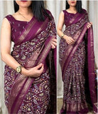 Jashiya Women's Beautiful Warli Print With Zari Border Dola Silk Saree With Running Blouse (Wine)