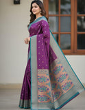 Jashiyaa Soft Silk Saree for Women | Purple with Teal Floral Work & Crescent Moon Buttis
