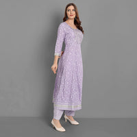 Jashiya Rangnavi Women Rayon Anarkali Embroidered Printed Kurta Pant and Dupatta Set Purple