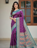 Jashiyaa Soft Silk Saree for Women | Purple with Teal Floral Work & Crescent Moon Buttis