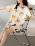 Jashiya LOUIS LUXE Womens Night Dress || Short Pyjama Set || Nightsuit || Women Nightwear ||Round Neck Short Sleeve Nightsuit || Loungewear || Everyday Nightdress (ND-01-OFFWHITE-L)