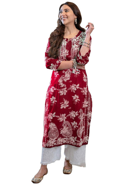 Jashiya GoSriKi Women's Rayon Blend Chikankari Embroidered Straight Kurta