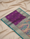 Jashiyaa Soft Silk Saree for Women | Purple with Teal Floral Work & Crescent Moon Buttis