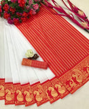Jashiyaa Flosive Women's Present Banarasi Soft Lichi Silk Saree Beautiful Jacquard Rich Pallu Design Work Zari Woven Kanjivaram Silk Style Saree With Soft Lichi Silk Blouse Piece Ayn Royal White & Red