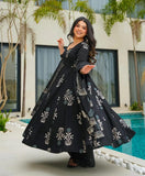 Jashiya KLOSIA Women Printed Anarkali Kurta and Pant with Dupatta Set (in, Alpha, 2XL, Black)