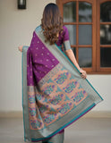 Jashiyaa Soft Silk Saree for Women | Purple with Teal Floral Work & Crescent Moon Buttis