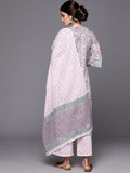 Jashiya Arayna Women's Cotton Block Printed Floral Straight Kurta with Palazzo Pants and Dupatta Set, Pink, Medium
