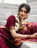 Jashiyaa SIRIL Women's Soft Banarasi Silk Jacquard Saree with Unstitched Blouse Piece (Dark Maroon)